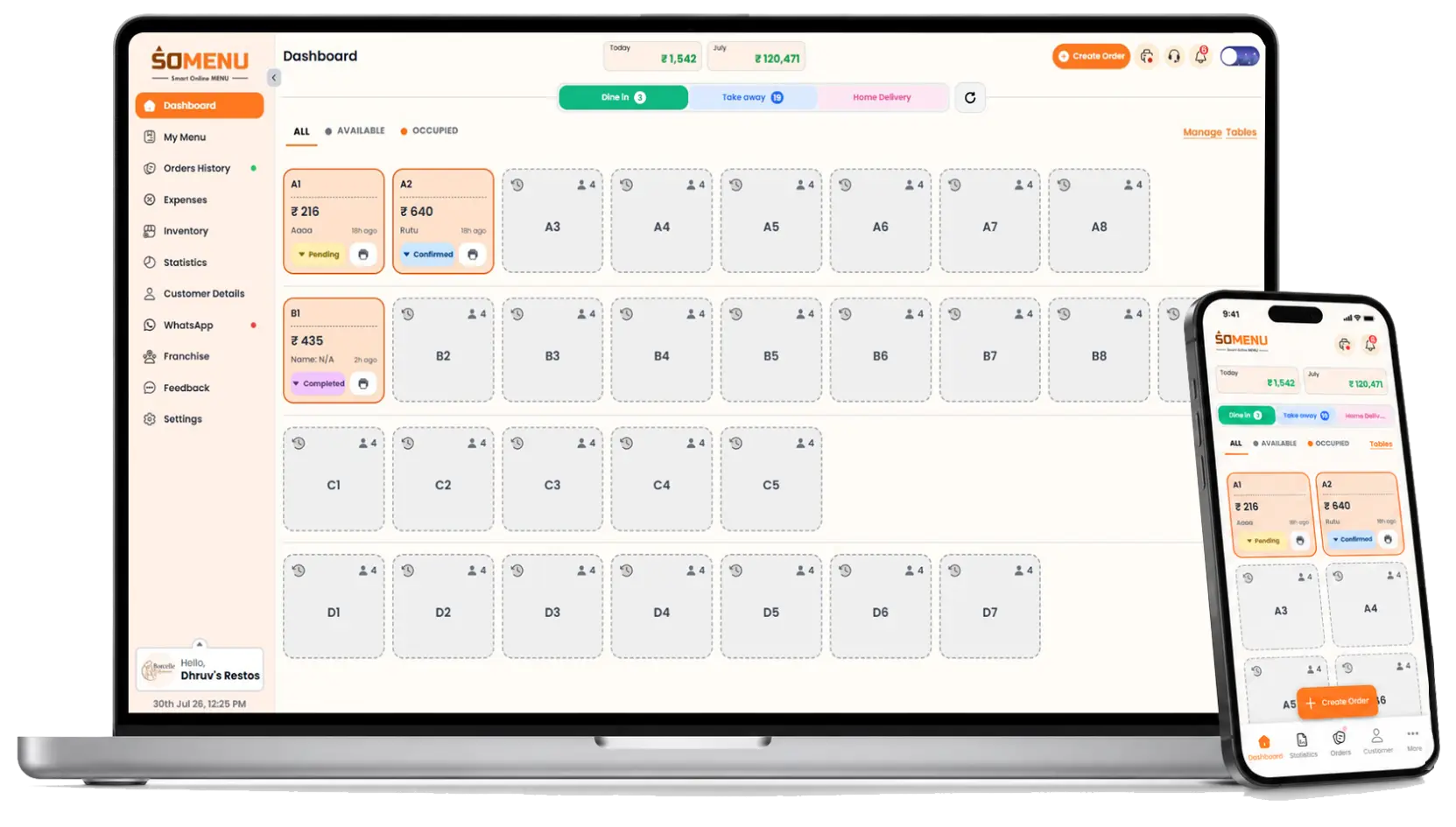 SOMENU POS restaurant billing software dashboard on mobile and tablet